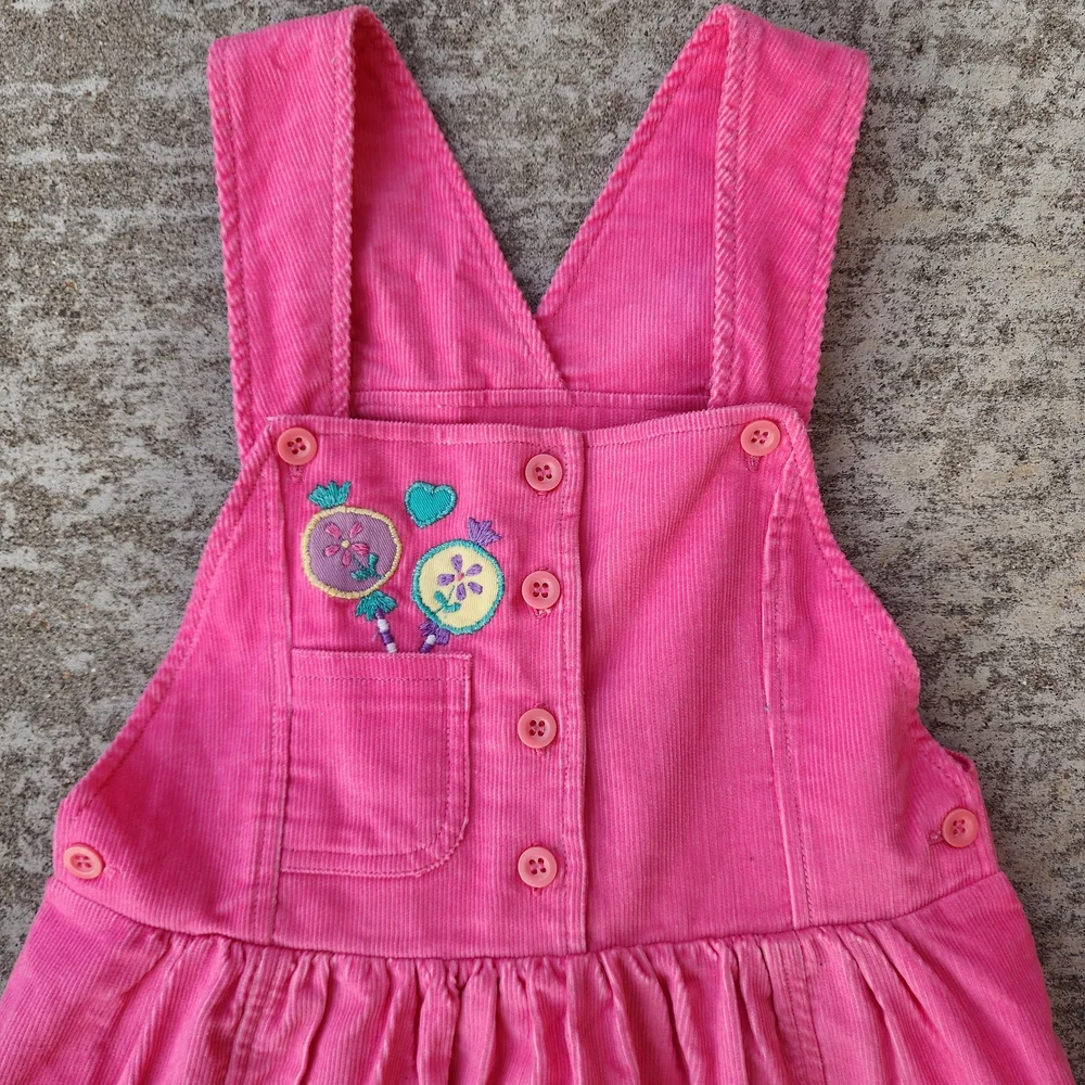 Vintage Joyeux Gamins Happy Kids Pink Corduroy Candy Embroided Dress,‎ Sz 6
